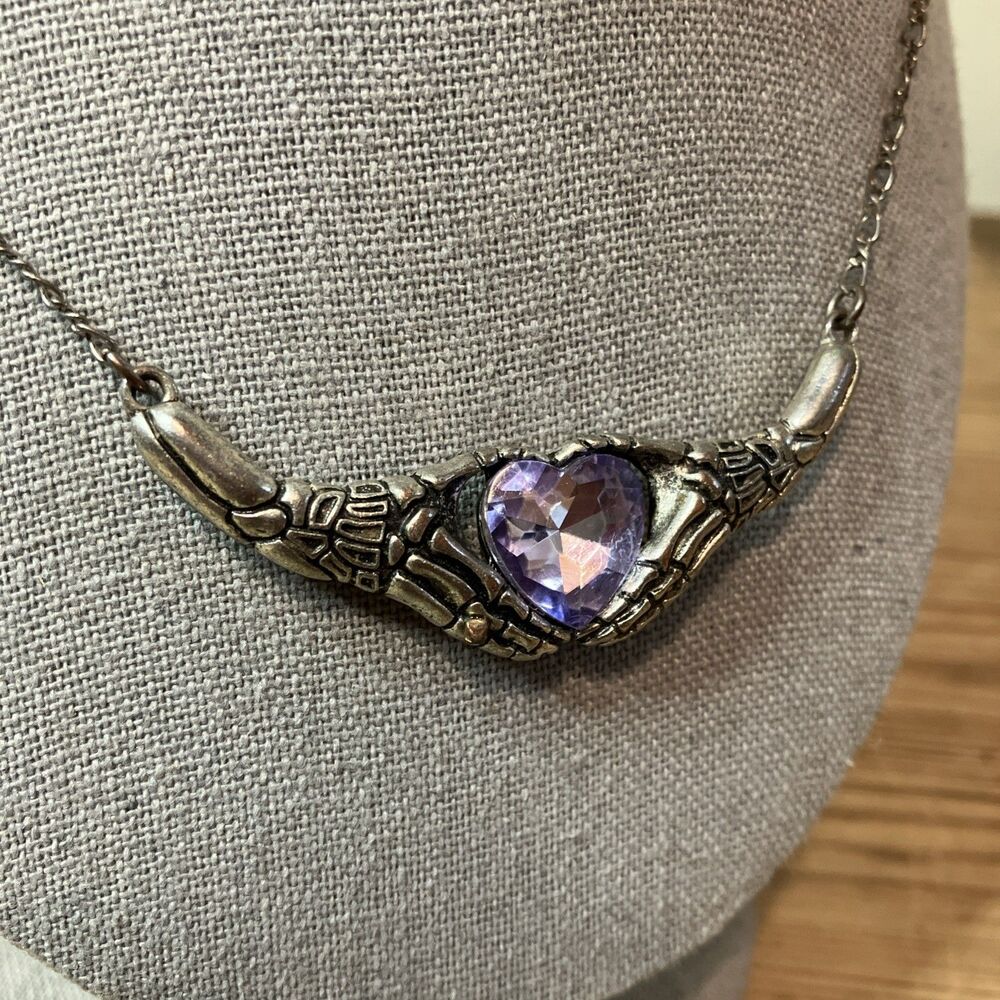 Corpse Bride Skeleton Hands Necklace Silver Tone Purple Rhinestone Heart - Picture 4 of 7